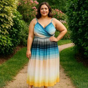 Eloquii Faux Wrap Ombre Stripe Midi Dress Women Size 20 Cutouts Sundress Pleated